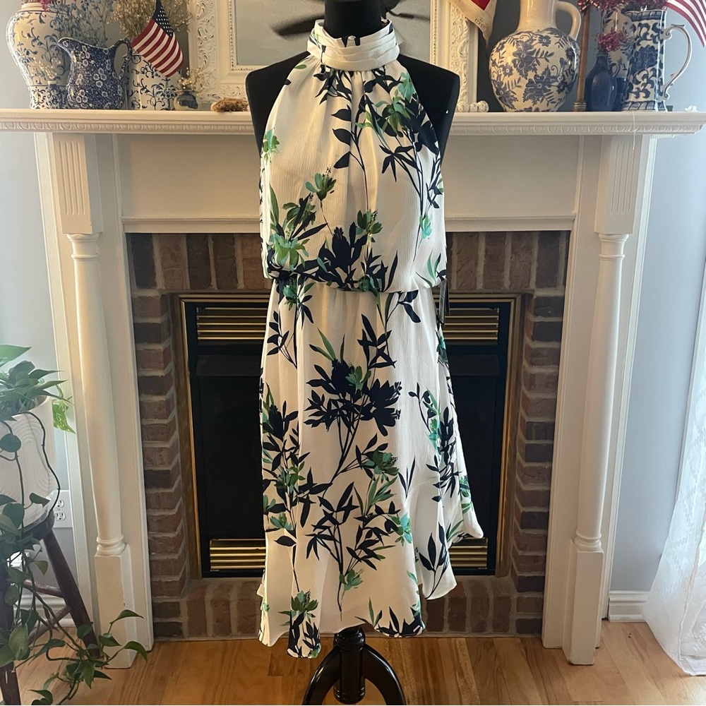 Adrianna Papell Floral Halter Midi Asymmetrical Dress